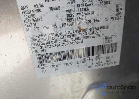 2008 Ford Edge Sel z USA, uszkodzony, nr VIN 2FMDK38CX8BA89674